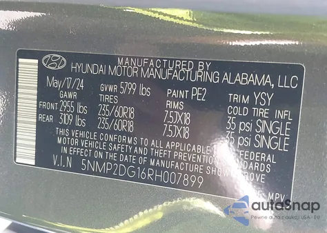 2024 Hyundai Santa Fe Hybrid Sel z USA, uszkodzony, nr VIN 5NMP2DG16RH007899